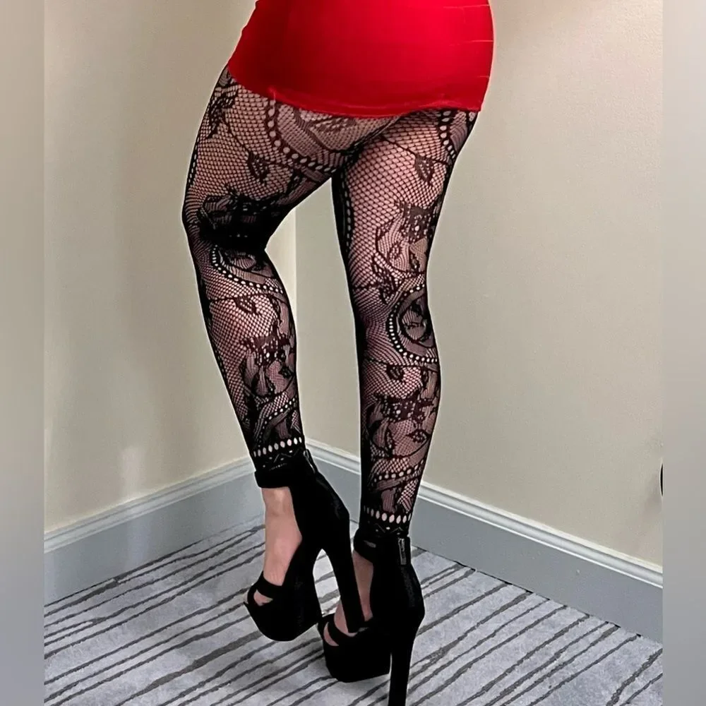 Footless Floral Pattern Fishnet Tights - Picture 4 of 10